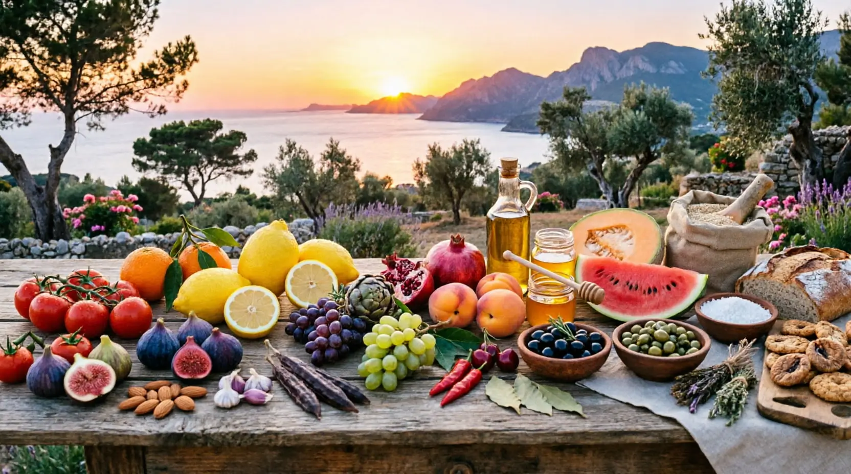 Productos gourmet de Mallorca en atardecer mediterráneo · Origen Oro Azul